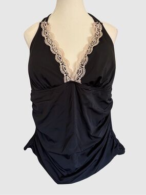 Black Lace-Trim Detail Halter Tankini Beach Swim Top- Sz-20